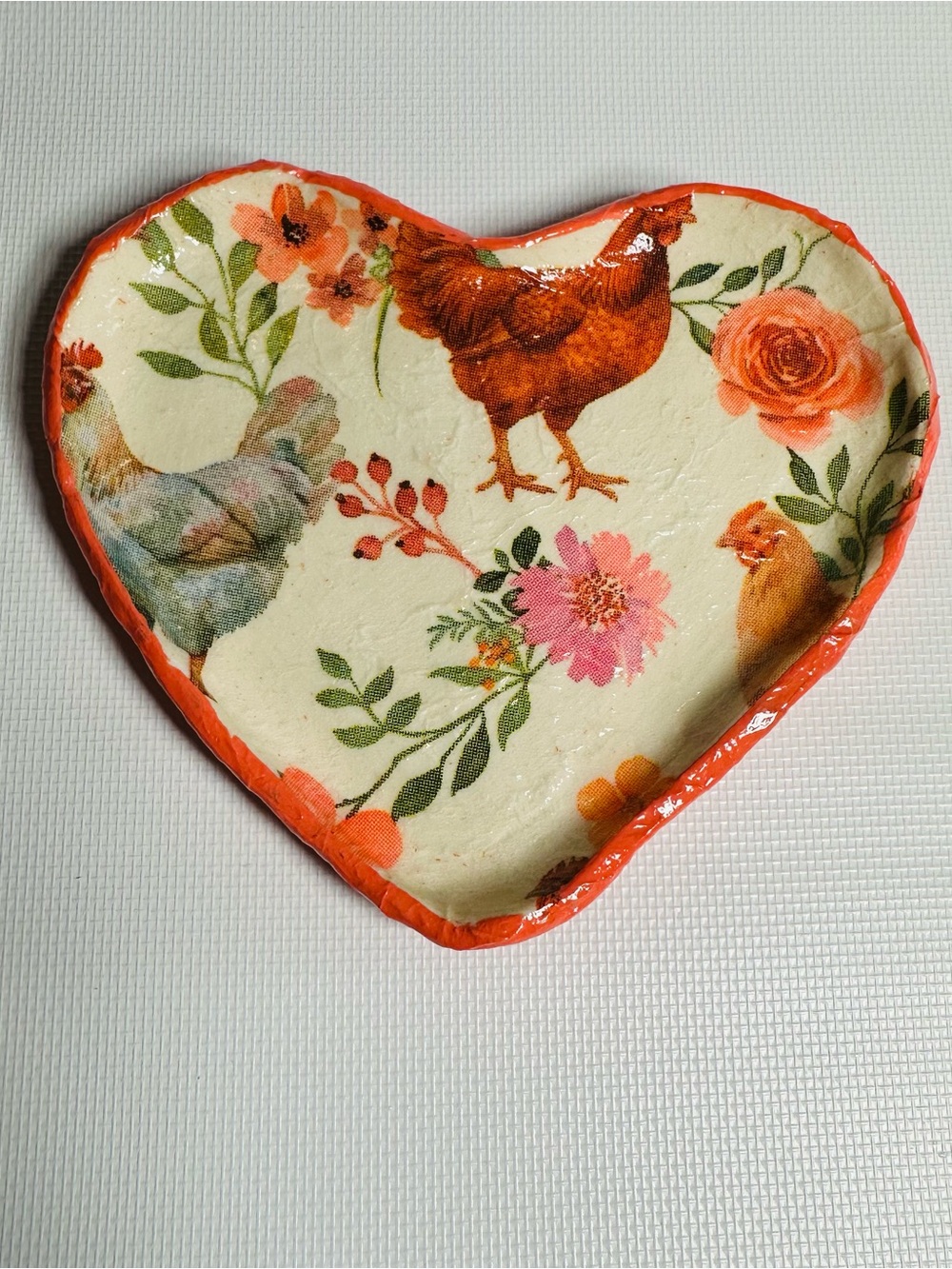 Heart Shaped Clay Trinket with Chicken Floral Design